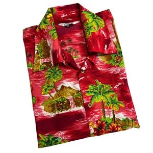 Alvish Button Down Men‎ Med Red Tropical Palm Hibiscus Hawaiian Beach Shirt D12